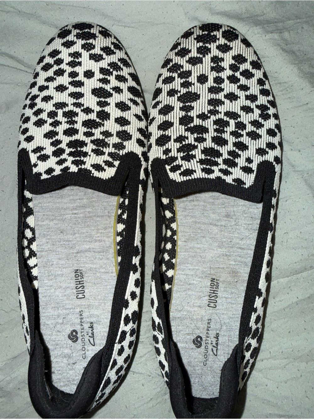 Clarks Black and White Slip-On Animal Print Knit Loafers